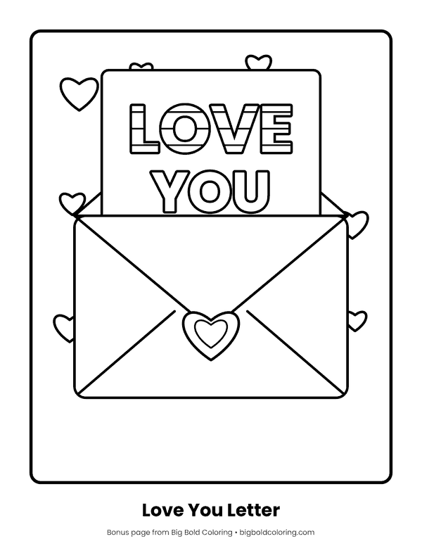 Love You Envelope coloring page: a large envelope with a card that reads Love You, with hearts around it