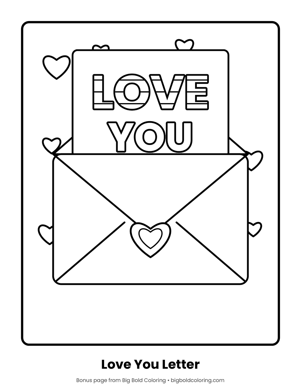 Love You Envelope coloring page: a large envelope with a card that reads Love You, with hearts around it