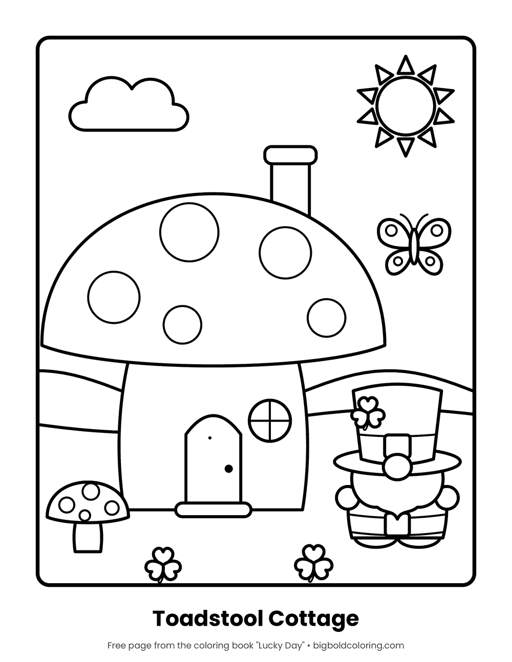 Mushroom House and Gnome coloring page: a spotted mushroom house with a door and chimney, and a gnome beside it