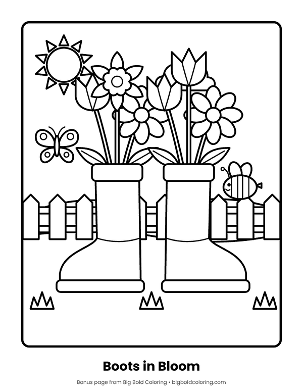 Rain Boots with Flowers coloring page: a pair of rain boots filled with tulips and daisies in front of a fence