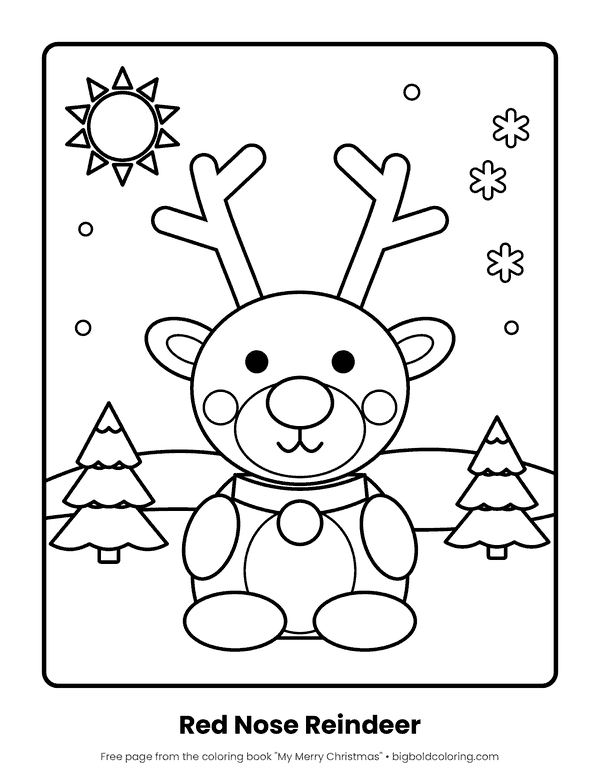 Red Nose Reindeer coloring page: a cute sitting reindeer with a big round nose, antlers and a bell collar