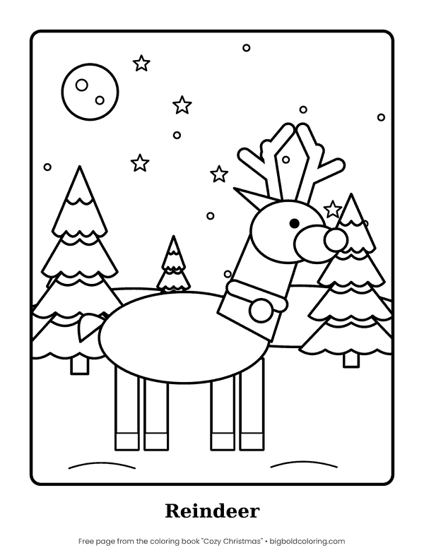 Reindeer in the Snow coloring page: a reindeer with a round nose and a striped scarf standing among pine trees at night