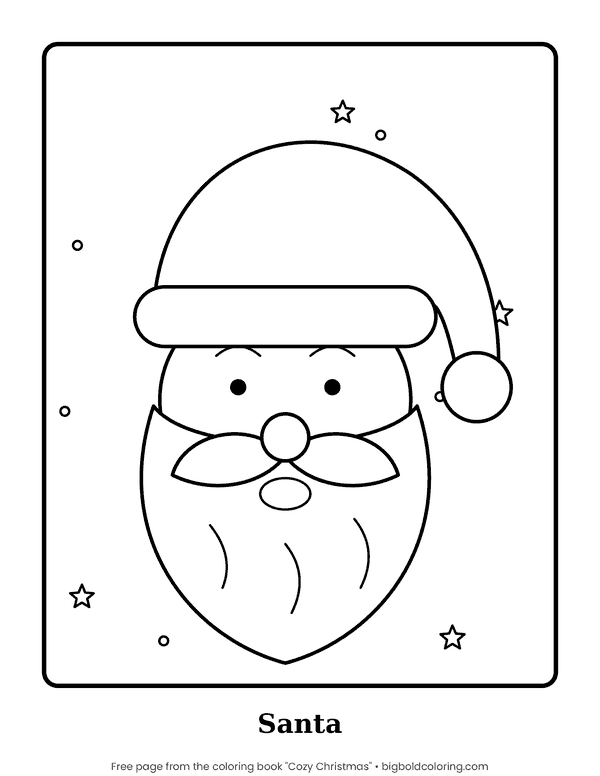 Santa Claus Face coloring page: a large Santa face with a curly mustache, a long beard and a hat with a pom-pom