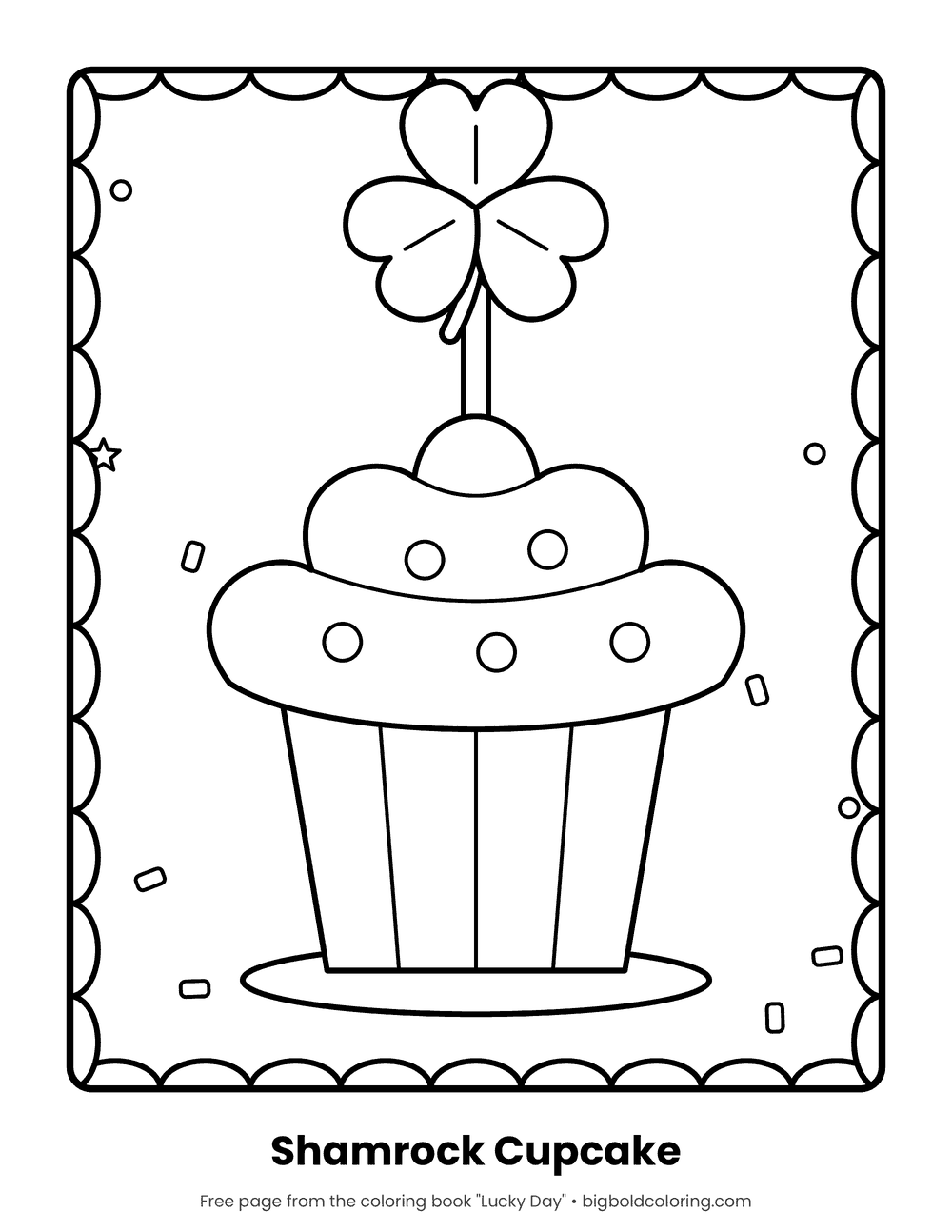 Shamrock Cupcake coloring page: a cupcake topped with a shamrock on a stick, inside a scalloped border