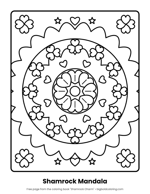 Shamrock Mandala coloring page: a round mandala of shamrocks, hearts and petals with a scalloped edge