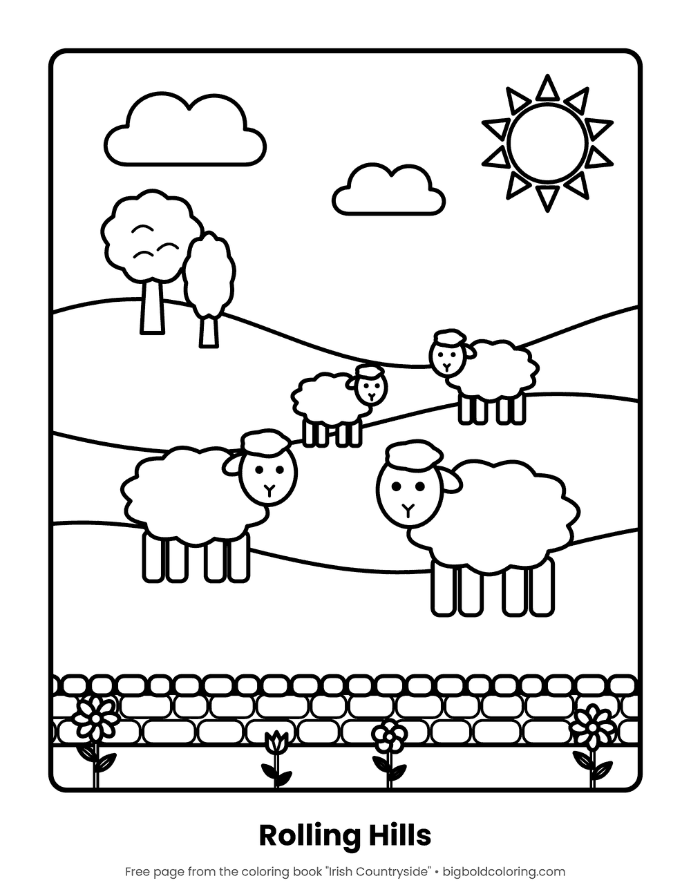 Sheep on Rolling Hills coloring page: four sheep grazing on rolling hills behind a stone wall with flowers