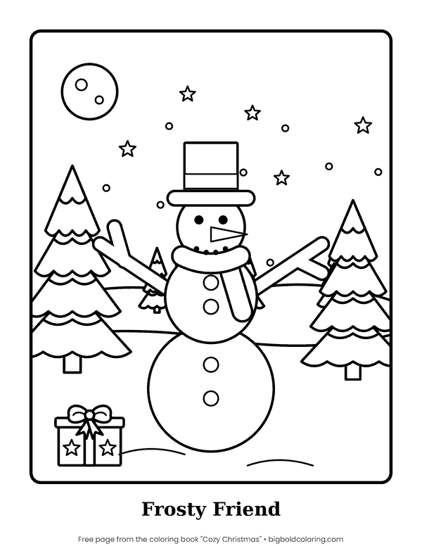 Snowman in a Top Hat coloring page: a smiling snowman with a top hat and scarf standing between snowy pine trees