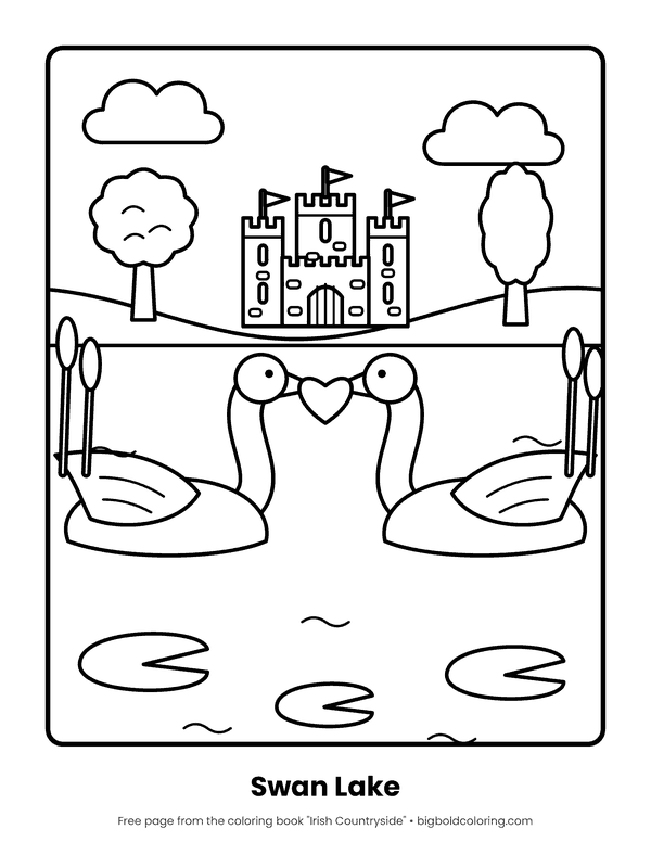 Swans and Castle coloring page: two swans forming a heart on a lake in front of a small castle