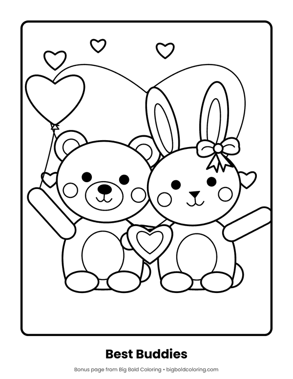 Teddy Bear and Bunny coloring page: a teddy bear and a bunny sitting together with a heart and a heart balloon