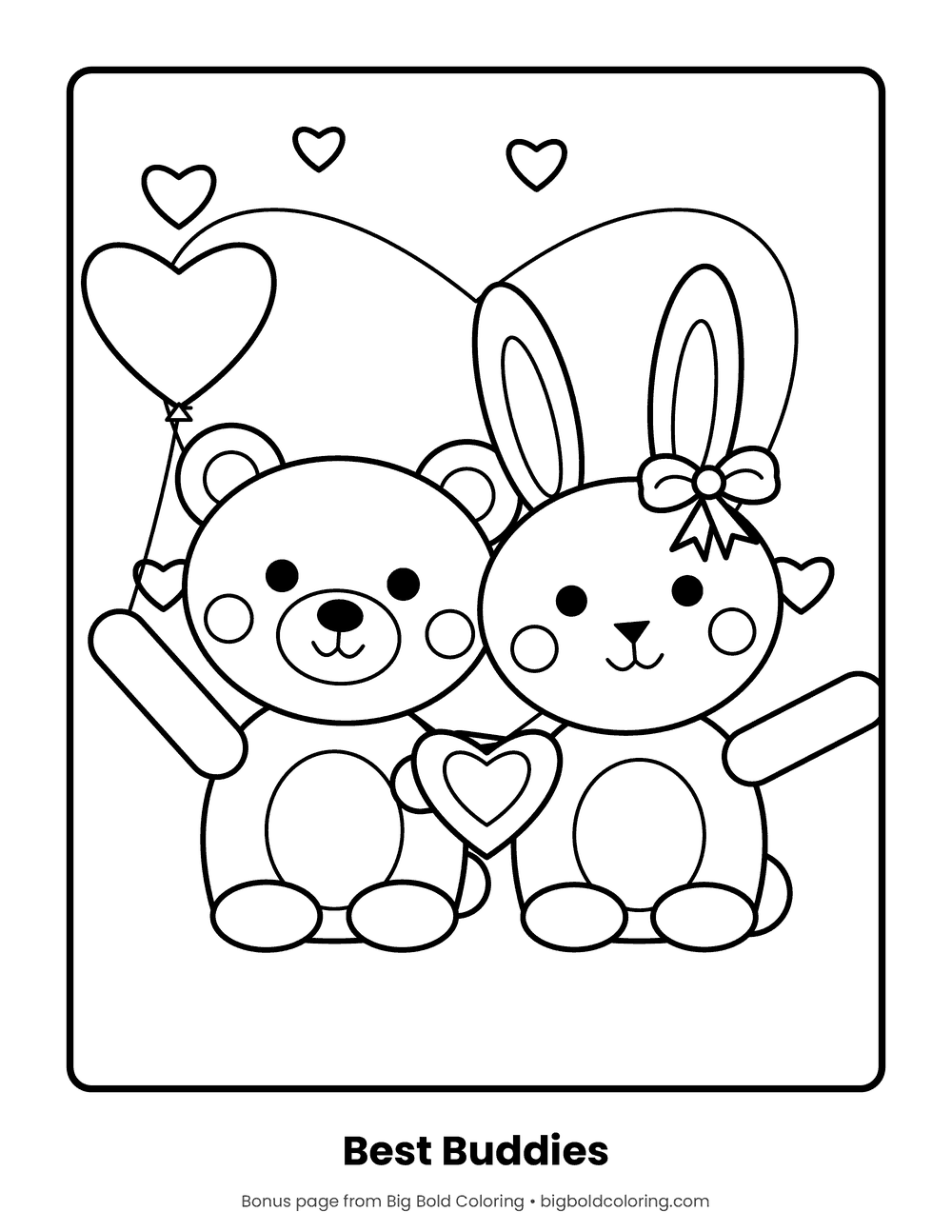 Teddy Bear and Bunny coloring page: a teddy bear and a bunny sitting together with a heart and a heart balloon