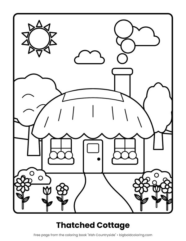 Thatched Cottage coloring page: a thatched cottage with a smoking chimney, flower boxes and a garden path