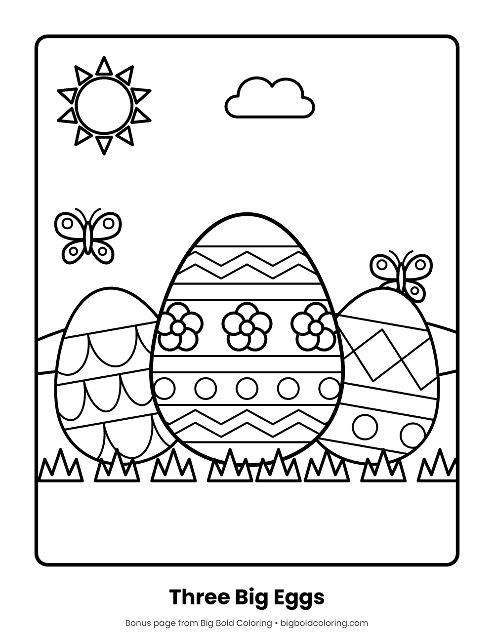 Three Easter Eggs coloring page: three large decorated Easter eggs standing in the grass