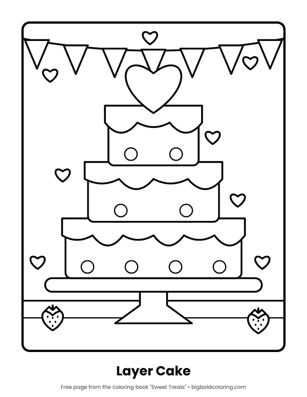 Three-Tier Cake coloring page: a three-tier cake on a stand topped with a heart, under party bunting