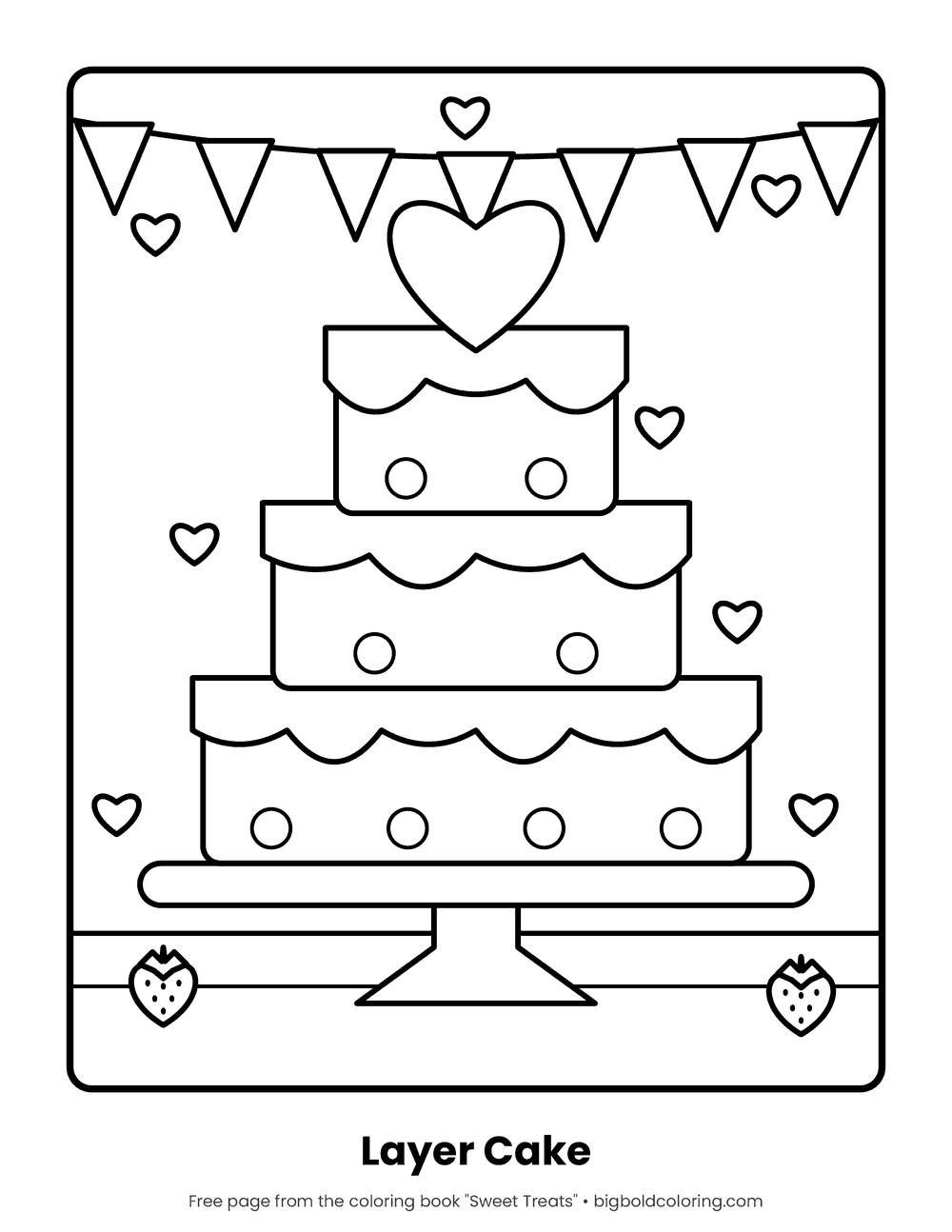 Three-Tier Cake coloring page: a three-tier cake on a stand topped with a heart, under party bunting