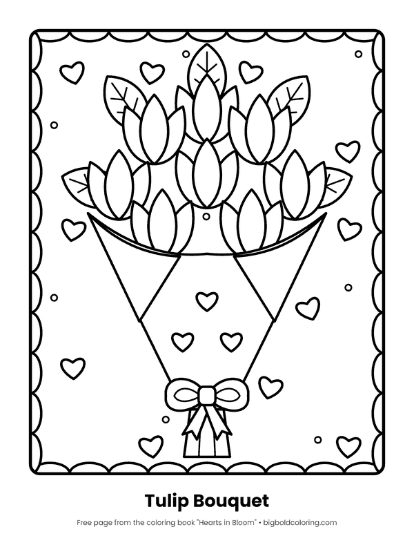 Tulip Bouquet coloring page: a wrapped bouquet of tulips tied with a bow, inside a scalloped border