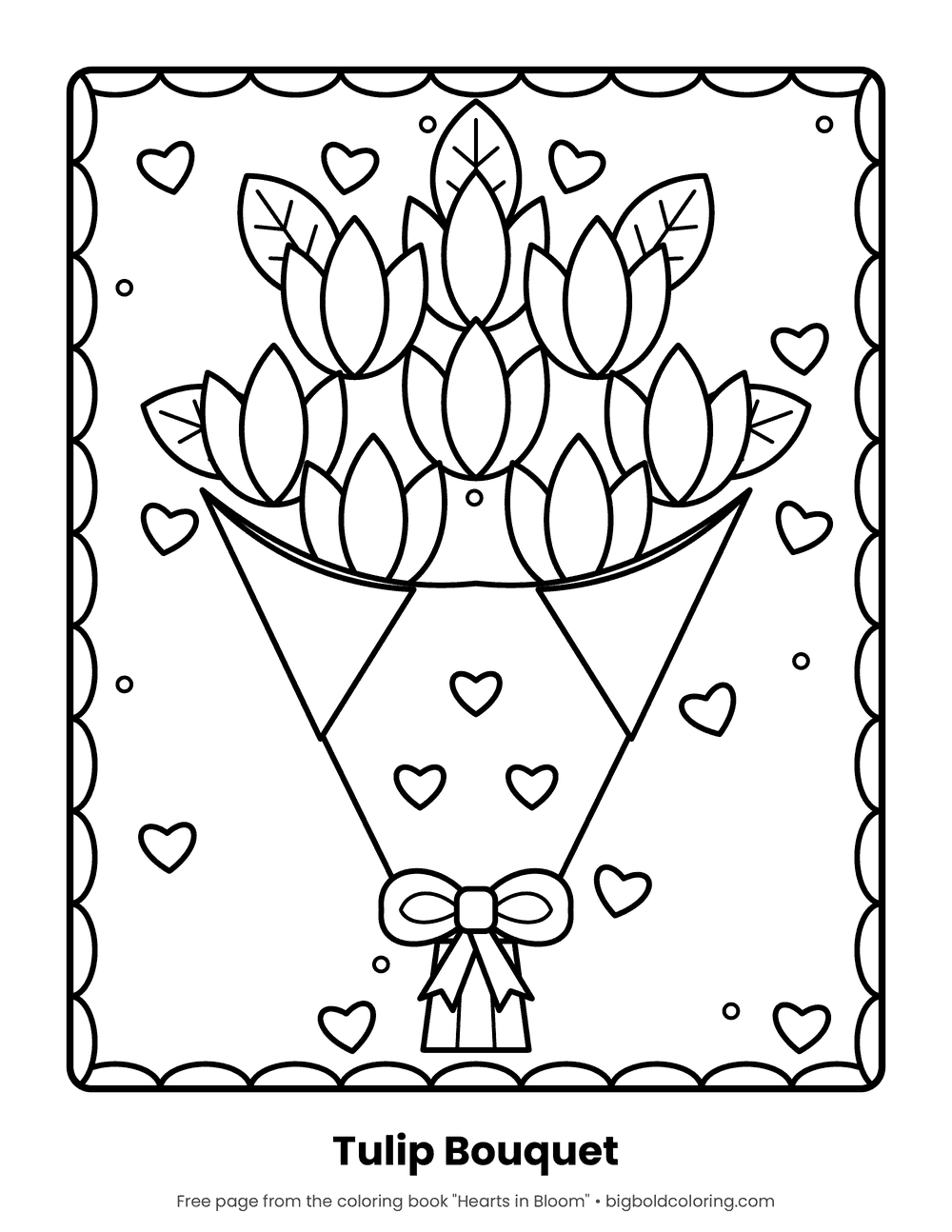 Tulip Bouquet coloring page: a wrapped bouquet of tulips tied with a bow, inside a scalloped border