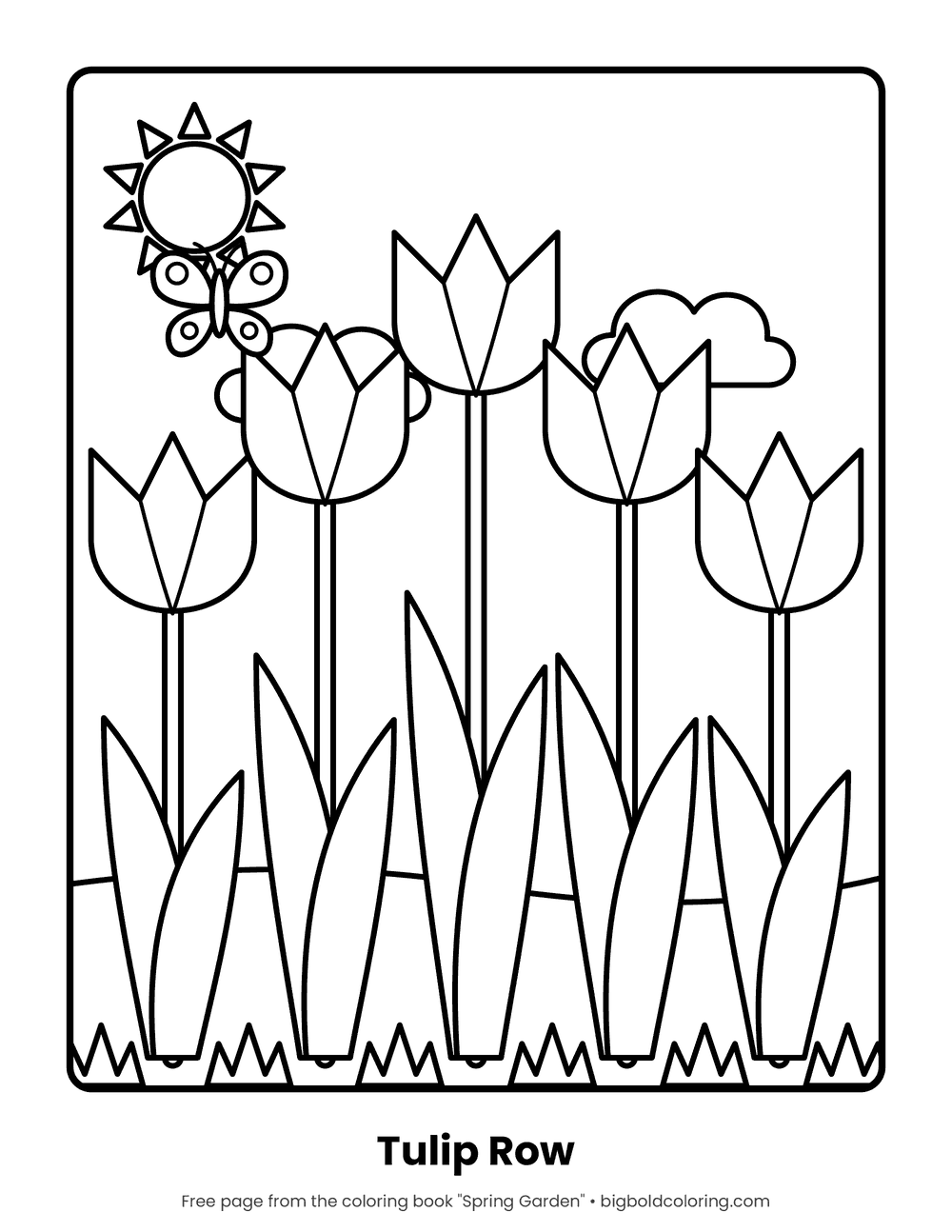 Tulips coloring page: five tall tulips with long leaves under a sun and a butterfly