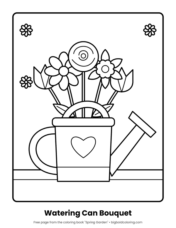 Watering Can with Flowers coloring page: a watering can with a heart on it, filled with a bunch of flowers