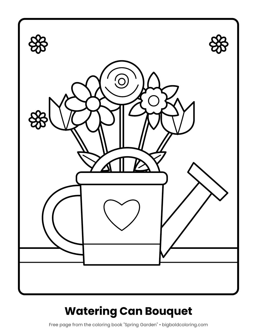 Watering Can with Flowers coloring page: a watering can with a heart on it, filled with a bunch of flowers